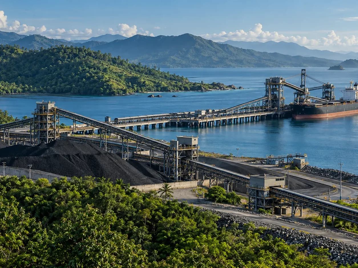 Conceptual view of coal stockpiles, conveyors and a loading jetty with a bulk carrier on a tropical coast