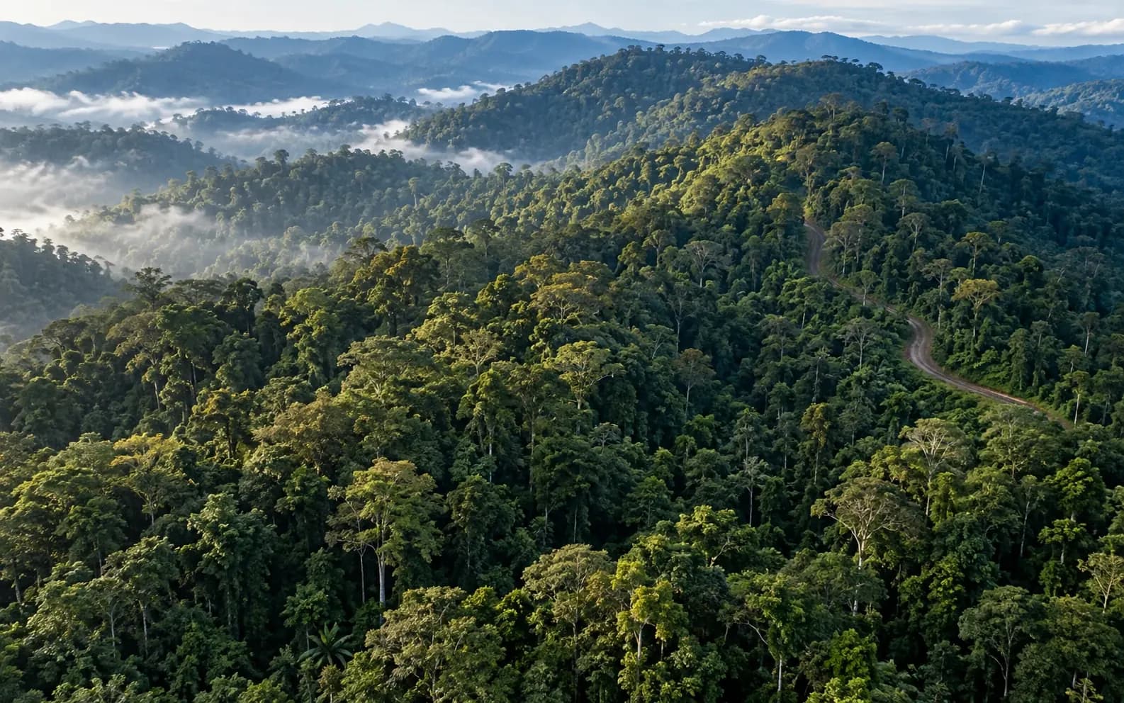 Conceptual aerial view of dense tropical rainforest canopy with morning mist and a forest road