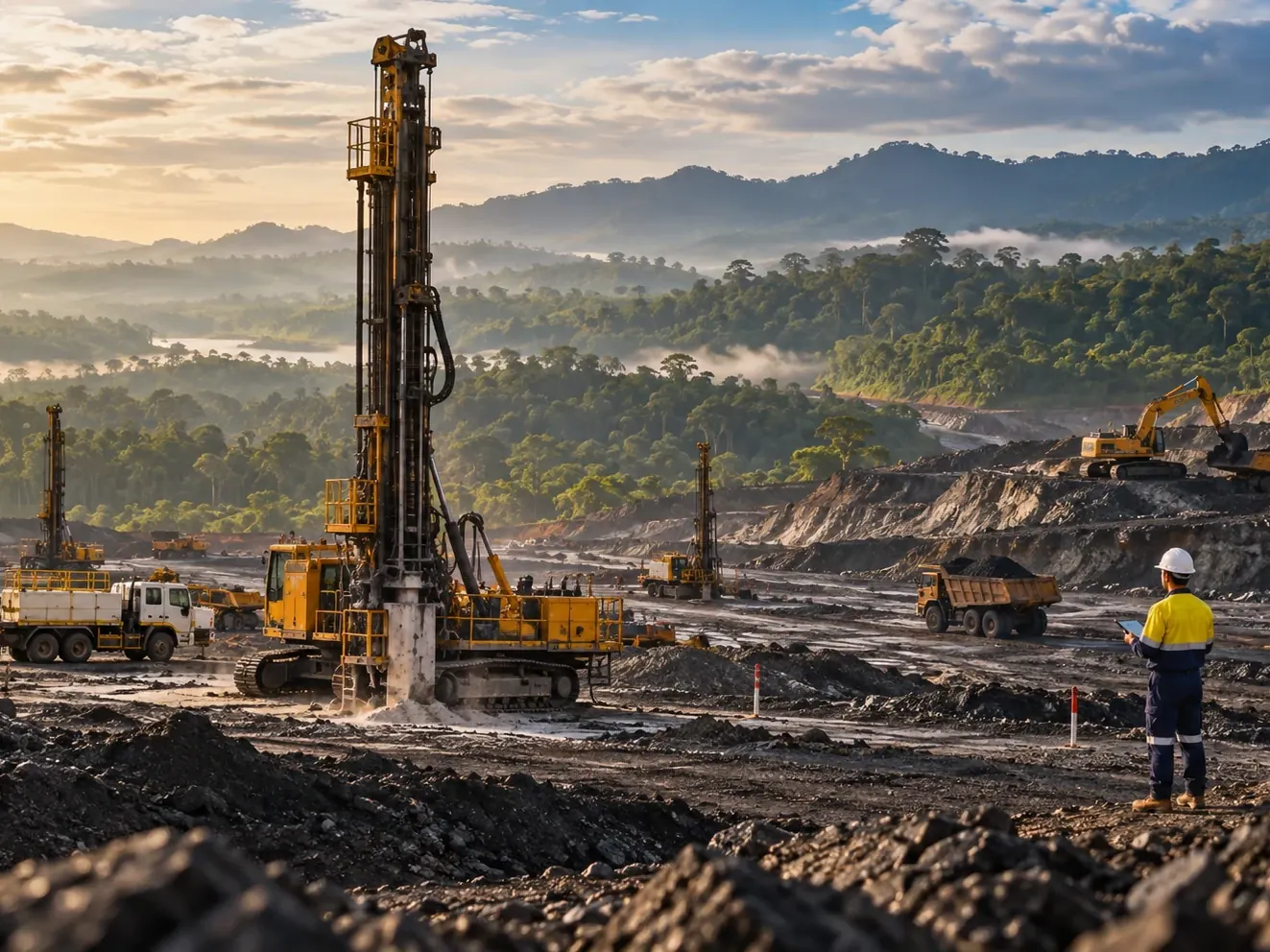 Conceptual view of drilling rigs and haul trucks working an open mine bench at dawn, with a surveyor in the foreground