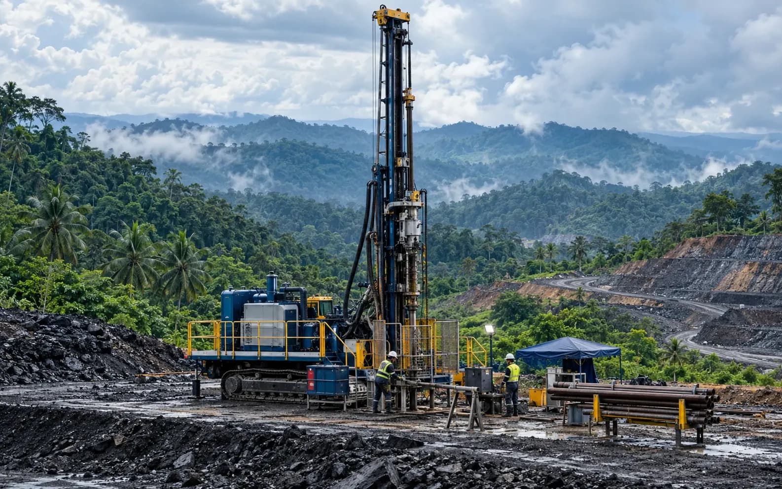 Conceptual view of a tracked drilling rig with crew on a mine bench, forested hills behind